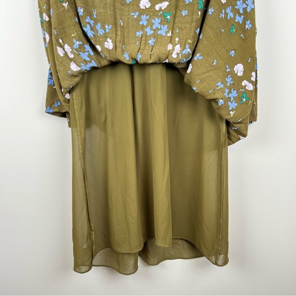 Anne Taylor Green Floral Bell Sleeve Dress Women 14 Lined Fall Eyelet Vneck 0185 - Picture 4 of 9